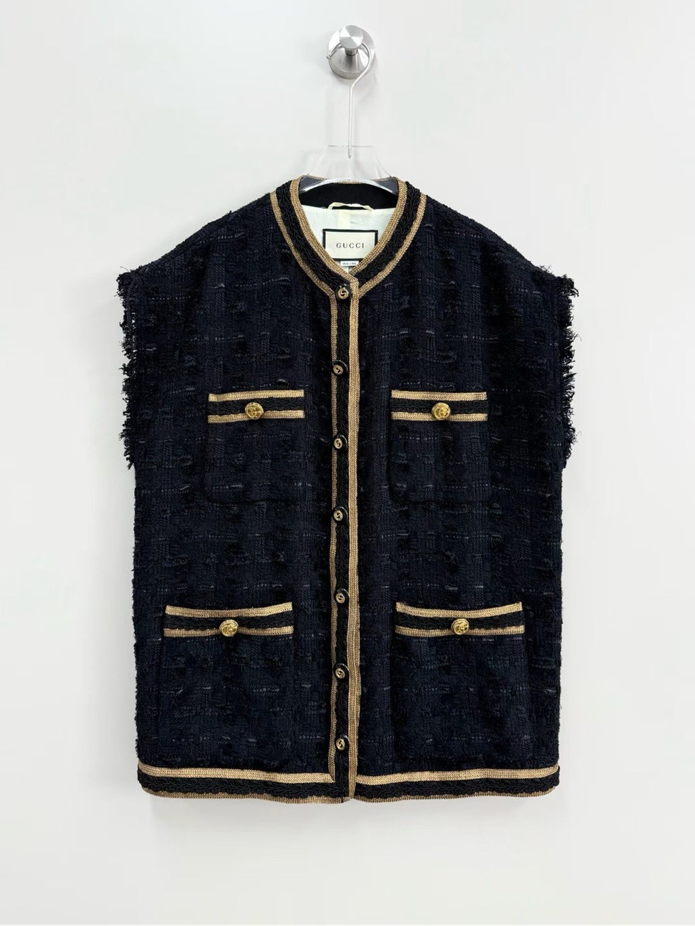 Gucci Black Tweed Sleeveless Vest with Gold-Trim Accents